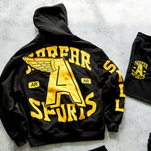 Bộ đồ thể thao nam gồm áo hoodie có mũ trùm đầu và quần dài, chất liệu nỉ, có thêu, dành cho chạy bộ và các hoạt động thể thao khác. - Product Image 4