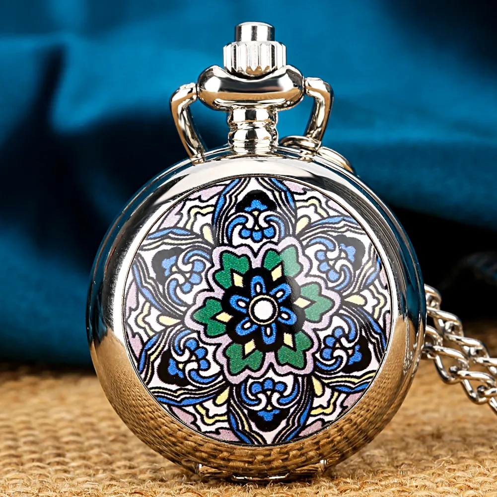 Amazon Hot Selling Antique Flower Pattern Small Necklace Clock Silver Pendant Pocket Watches With Chain