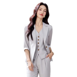 Women's Linen Three Quarter Sleeve Blazer Suit Set Lightweight Breathable Elegant Business Commute Interview Style - Product Image 5