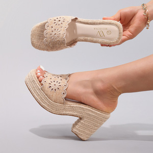 Sandalias de cuña de malla transpirables para mujer, con plataforma y suela gruesa, zapatos de verano con cordones, tacones de cuña de plataforma para mujer, zapatos de encaje delicados - Product Image 1