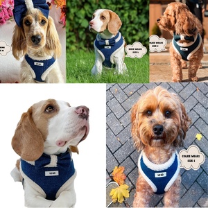 Suministros personalizados para mascotas sin tirones ajustable exuberante Denim Jean vaquero tela oso de peluche perro Collar Correa y arnés conjunto de pajarita - Product Image 6