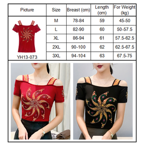 Shiny <strong>Rhinestone</strong> Off Shoulder <strong>Tops</strong> Windmill Pattern <strong>Mesh</strong> Tee <strong>Tops</strong> Nightclub Short Sleeve Shirts for Women - Product Image 6
