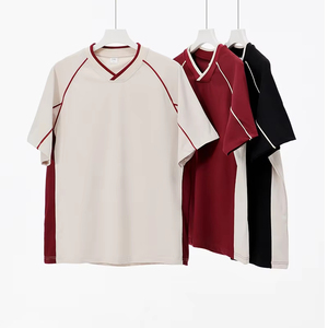 T-shirt da <span class=keywords><strong>uomo</strong></span> a maniche corte con scollo a V, a blocchi di colore e a righe, stile retrò americano, 260g, personalizzabile, di tendenza, vestibilità ampia, per produttori di <span class=keywords><strong>abbigliamento</strong></span> - Product Image 1