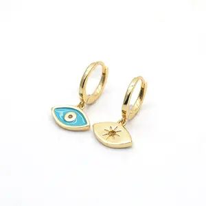 Custom Simple Charm Drop Glue Blue Eye Hoop Earrings 18k Gold Plated Hoops Zircon Little Sun Star Earrings 925 Sterling Silver