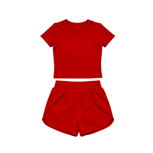 GSSO3764 Ensemble de yoga pour filles, jupe et haut à manches courtes, rose vif, imprimé uni, pour petites filles actives, été - Product Image 5