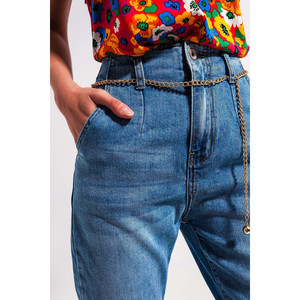 กางเกงยีนส์ทรงตรงเอวสูงแต่งเข็มขัด สีไลท์วอช - Product Image 4