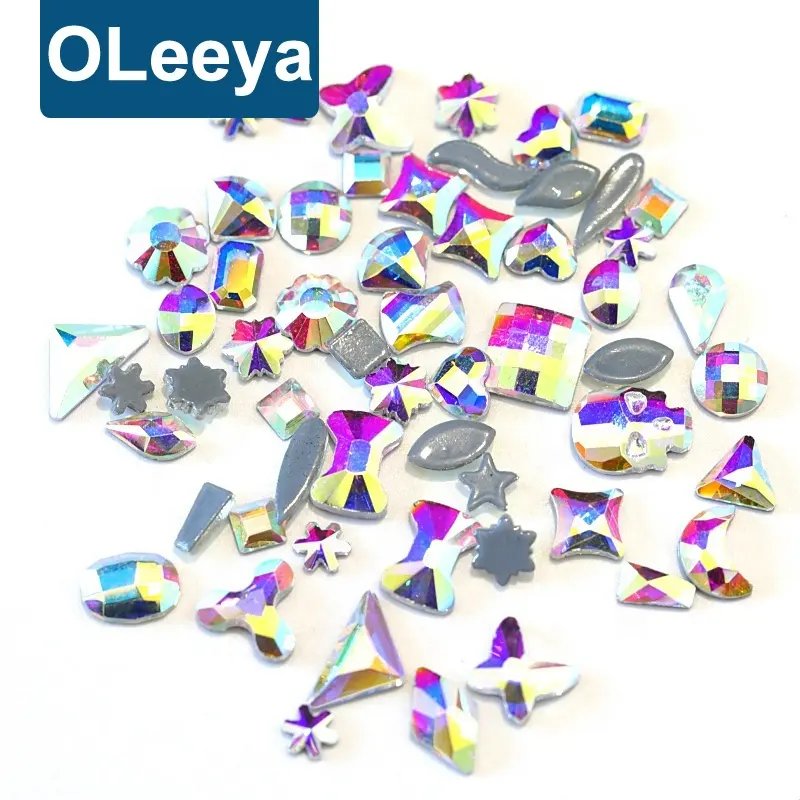 Oleeya أكثر من 37 الأشكال كريستال ستراس الجملة فضفاض الإصلاح الراين الزجاج بريق الساخن فيكس تحويل حجر الراين عزر لمسمار