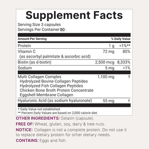 Capsules Multi Collagène Complex Type I II III V X, peptides de protéines hydrolysées avec biotine, acide hyaluronique et complexe de vitamine C - Product Image 2