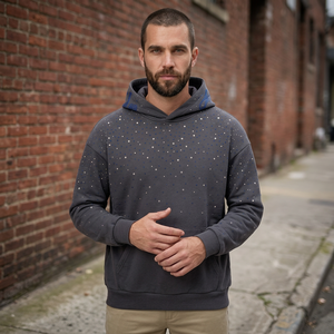 Sweat-shirt à capuche gris foncé pour homme en molleton écologique, imprimé à pois en strass, coupe oversize, poches kangourou, 100% coton - Product Image 4