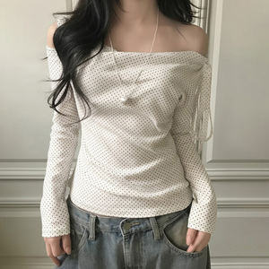 Top Corto de Puntos con Hombro Descubierto para Mujer, Estilo Dulce, Ajustado, Suave, Y2K, que Define la Cintura - Product Image 6