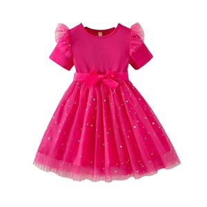 Abito estivo da ragazza a maniche corte in tulle con stelle e inserti a tinta unita per bambine - Product Image 5