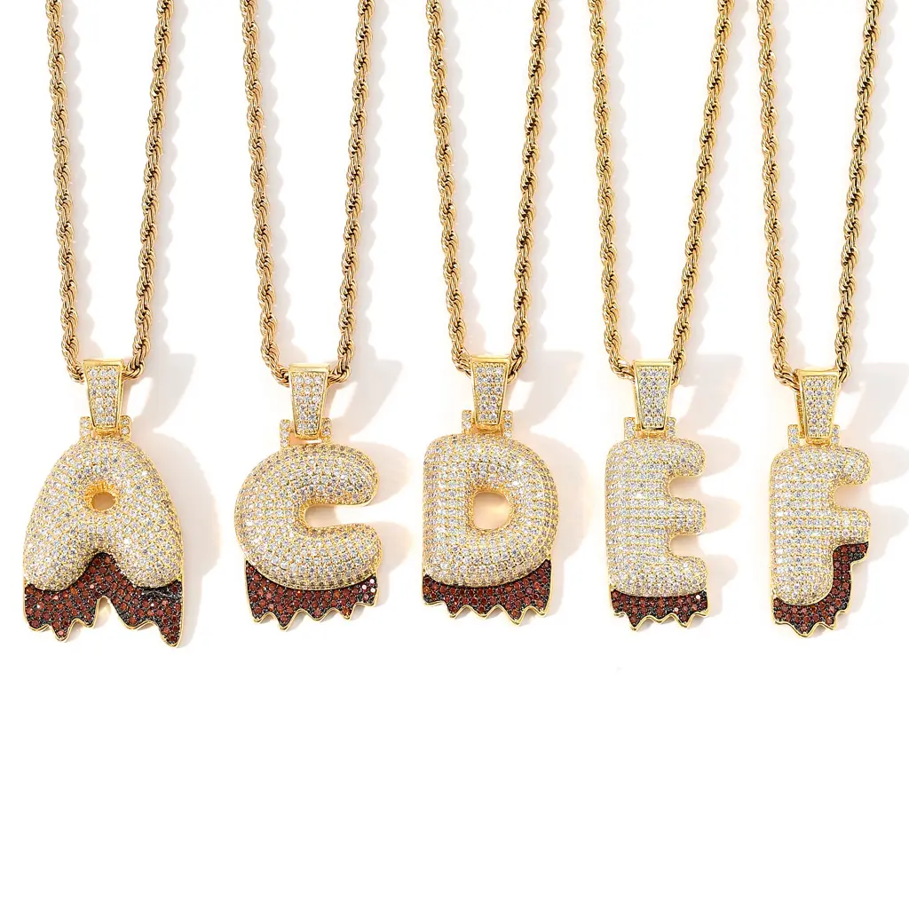 wholesale full iced out 26 english a-z cz lava letters with red tail pendant necklace zircon initials jewelry