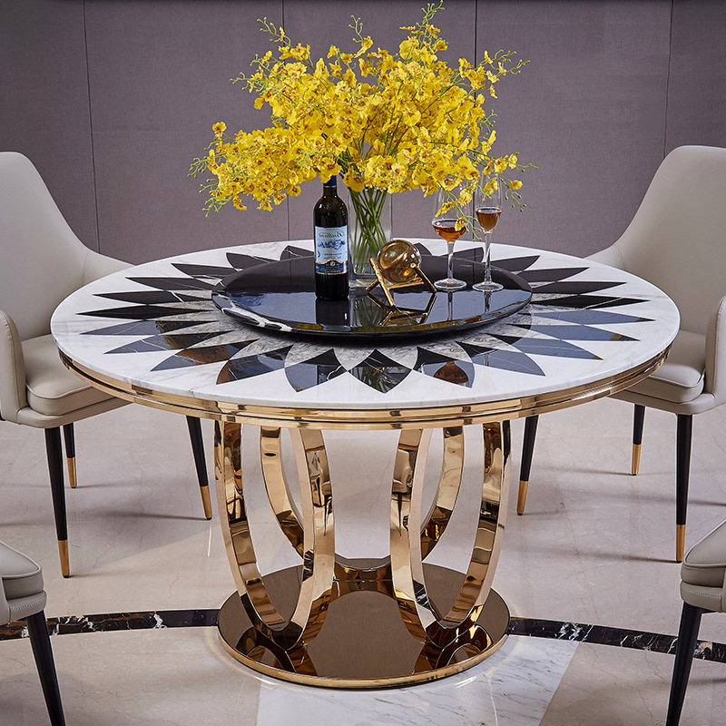 Современный Большой круглый обеденный стол из нержавеющей стали под мрамор, 6 стульев