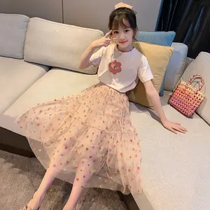 2021 बच्चों के कपड़े लड़कियों के सूट गर्मियों में कोरियाई शैली मध्यम और बड़े बच्चों Tulle स्कर्ट Sethort-बाजू की शर्ट दो-टुकड़ा एस