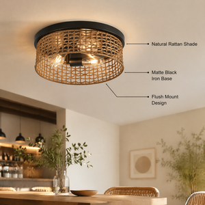Rattan Flush Mount Ceiling <b>Light</b> Iron Base Warm White Indoor <b>Decorative</b> <b>Light</b> For Home Living Room Bedroom Hallway - Product Image 2