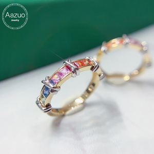 Aazuo 18K Solid Yellow <b>Gold</b> Rainbow Line <b>Cocktail</b> <b>Rings</b> Natural Sapphires Princess Cut Diamonds Pave Setting Luxury Wedding - Product Image 1