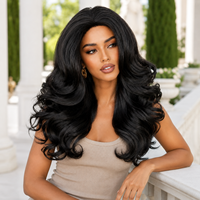 Perruque synthétique pour femme, noir jais, volume moyen, ondulations profondes, raie au milieu, résistante à la chaleur, avec racine des cheveux naturelle et ajustable