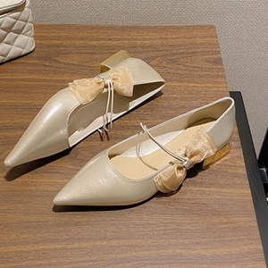 Bailarinas Francesas con Punta en Pico para Mujer, Diseño con Perlas, Patrón Geométrico Impermeable, Parte Superior de Cuero Genuino, Correa Única - Product Image 5