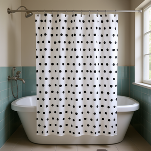 Rideau de douche en tissu, design minimaliste, lavable en machine, impression numérique, blanc avec points noirs, pour salle de bain - Product Image 2