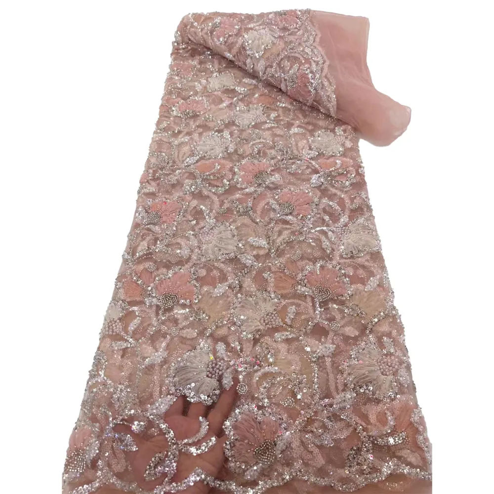 HFX kain renda buatan tangan mewah Afrika bordir manik-manik payet berat kualitas tinggi, jaring Tule Prancis, gaun pernikahan, ukuran 5,