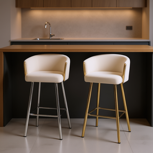 Tabourets de bar 30 pouces en velours crème avec base chromée, mobilier de bar moderne - Product Image 2