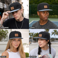 Casquette de baseball personnalisée noire à visière plate, 6 panneaux, snapback, visière en jean bleu, patch en cuir, réglable, vente en gros, OEM, faible MOQ