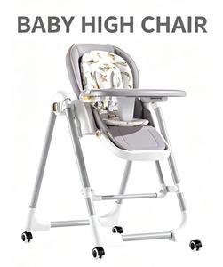 Chaise haute bébé pliable et réglable, vérifiée, avec coussin imprimé, plateau amovible et roues verrouillables pour l'alimentation des tout-petits - Product Image 1