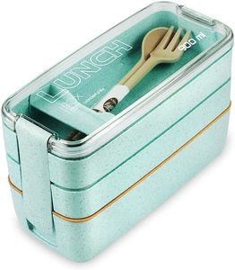 3-In-1 Compartment Wheat Straw Adults Lunch Box Stackable Bento Box Leakproof Eco-Friendly Meal Prep Food Containers Bento Box