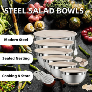 Juego de 7 Tazones para Ensalada Ecológicos de Acero Inoxidable, 14-26 cm, con Tapa Hermética, Tazones para Mezclar Apilables, Aptos para Microondas y Lavavajillas - Product Image 2