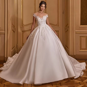 Robes <span class=keywords><strong>de</strong></span> mariée en satin blanc personnalisées en usine 2024, robes <span class=keywords><strong>de</strong></span> mariée <span class=keywords><strong>de</strong></span> luxe avec broderie <span class=keywords><strong>de</strong></span> champagne, dentelle florale, vestidos <span class=keywords><strong>de</strong></span> novia - Product Image 1