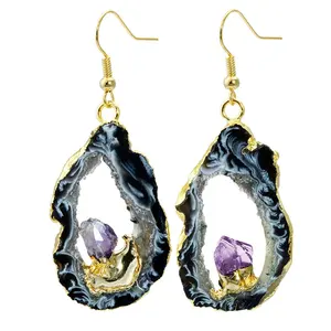 Braziliaanse Agaat Quartz Geode Drusy Crystal Dangle Oorbellen Voor Vrouwen Met Amethist