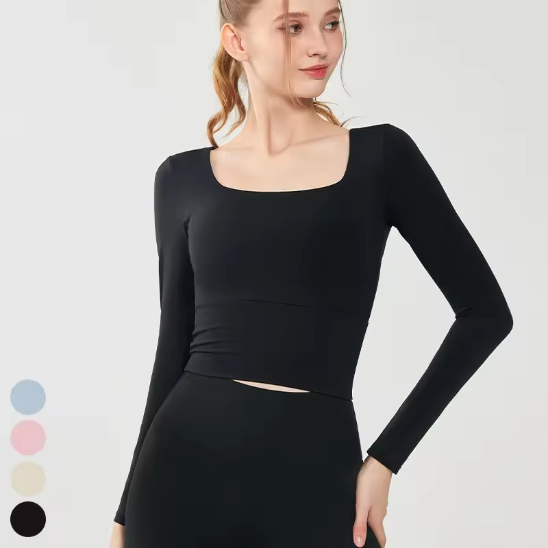 Women's Long Sleeve Yoga Top Built-in Fixed Cup Soft Stretchsquare Neckline Sportswear for Gym Running Training Sports