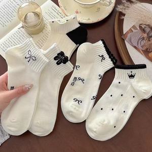 Ankle <b>Socks</b> White Breathable Polyester Youth Casual Low Top With Bow Polka Dot Crown Design - Product Image 1