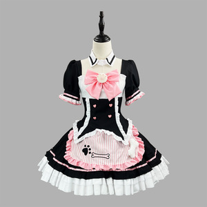 Zixiao Lolita Maid Outfit Black Pink Bow Cat Paw Embroidered Dress Women's Costume Adult Cosplay Fashion Set - Product Image 1