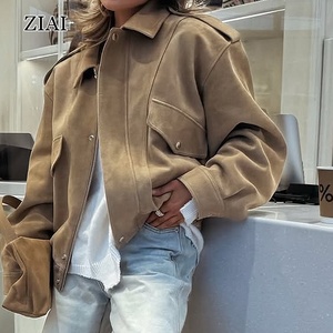Oem New Fashion Custom Logo <strong>Suede</strong> <strong>Jacket</strong> Loose Women's Solid Color <strong>Jacket</strong> Zipper Casual - Product Image 2