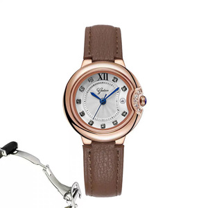Women's Waterproof Glass Quartz <b>Watch</b> Stainless Steel Dial Genuine Leather Strap - Product Image 5