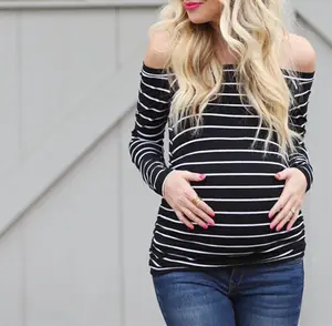 Autumn Fashion Black And White Striped Long Sleeve Off-Shoulder Maternity Shirt