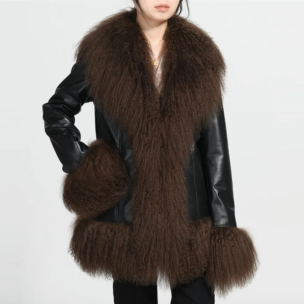 Vestes en cuir véritable de mouton pour femme, mode, chaud, de haute qualité, fourrure de mongolie, vente en gros