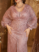 Robe de soirée longue à volants pour femmes grandes tailles, col en V, manches longues lanternes, tissu en dentelle, taille cintrée, fente haute devant
