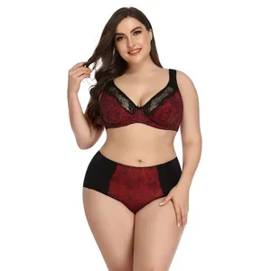 Ensemble de lingerie pour femmes grandes tailles avec soutien-gorge push-up à bonnets profonds et culotte string en dentelle respirante et écologique - Product Image 2