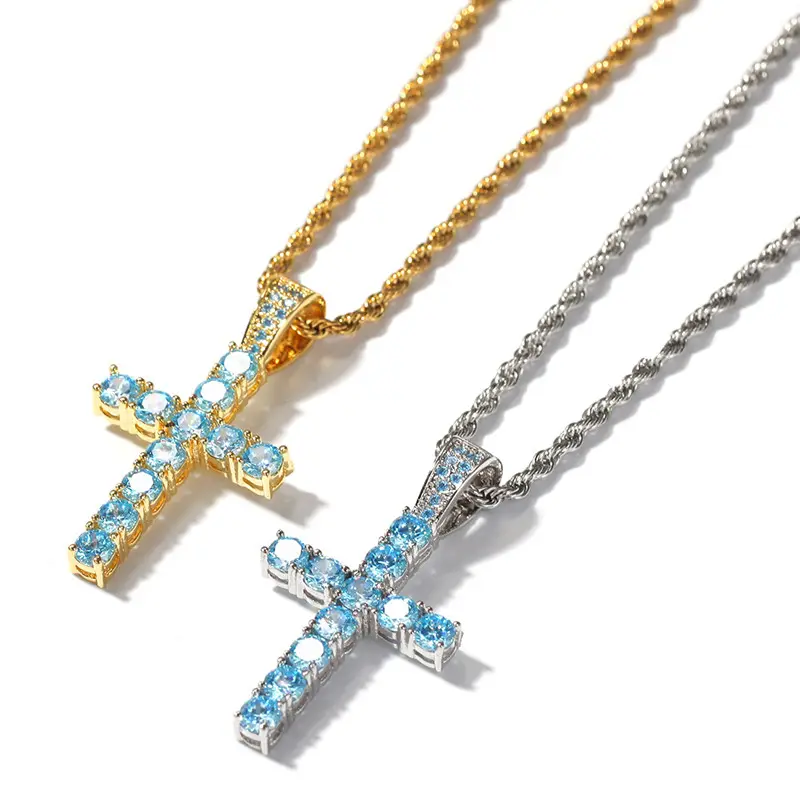 2020 trendy jewelry unique hip hop rap Blue cz diamond gold men cross necklace