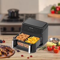 Friteuse à air électrique moderne en plastique à double panier, sans huile, sans fumée, antiadhésive, avec fenêtre de visualisation et écran tactile LED