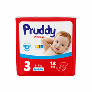 Pruddi XXL Taille 3 Couches pour bébé Ajustement doux Coton avec bande magique Super absorption Vente en gros Mini paquet de 18 Échantillons gratuits SAP Japon - Product Image 1