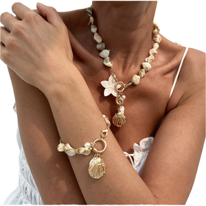 New Arrival Bohemian-Style Trendy Flower Pattern Imitation Pearl Gold Plated Alloy Necklace Earrings <b>Bracelet</b> <b>Set</b> for Women - Product Image 1