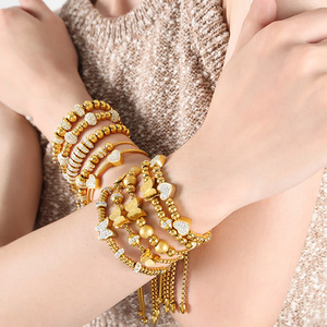 Korean Jewellery Fashion Stainless Steel Gold Plated butterfly Crystal Charms Beaded <strong>Drawstring</strong> Chain <strong>Bracelet</strong> for Girls - Product Image 1