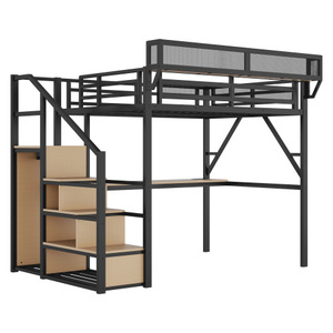 Metal Loft Bed with Desk and Storage <b>Shelves</b> Heavy Duty Freestanding Epoxy Coated Black Frame 4 Tier Grid Shelving <b>Unit</b> - Product Image 4