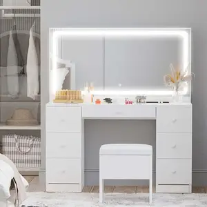 Makeup Vanity Dresser Desk Drawer and Mirror Light Vanity with Cushioned Stool for Bedroom