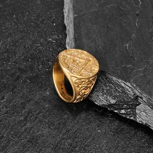 विंटेज हिप-पॉप उत्कीर्ण कस्टम लोगो रिंग चिकनाई सोने की प्लेटिंग स्टेनलेस स्टील पुरुषों की अंगूठी रेट्रो चौड़ी बड़ी उंगली की अंगूठी