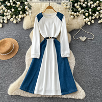 Robe midi élégante à manches longues, à blocs de couleur, avec ceinture, en denim patchwork pour femmes, vêtements décontractés pour tous les jours, vente en gros de vêtements pour femmes