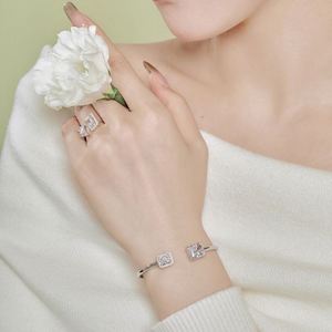 Dylam Exclusive Design 925 Sterling <b>Silver</b> Rhodium Plated Rectangle Diamond 8A Zirconia Sparkling Women <b>Cuff</b> <b>Bracelet</b> Bangle - Product Image 6